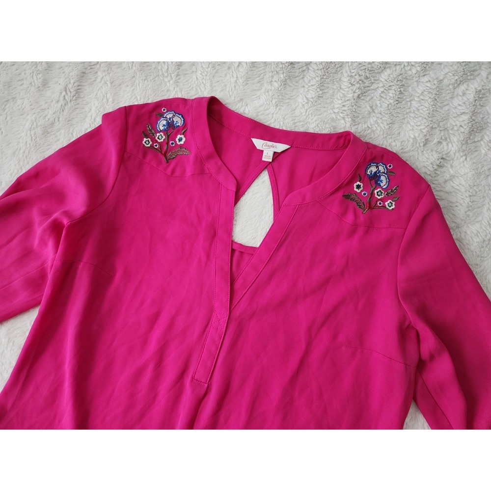 Candie's Hot Pink Floral Embroidered Long Sleeve Keyhole V-Neck Blouse Size L